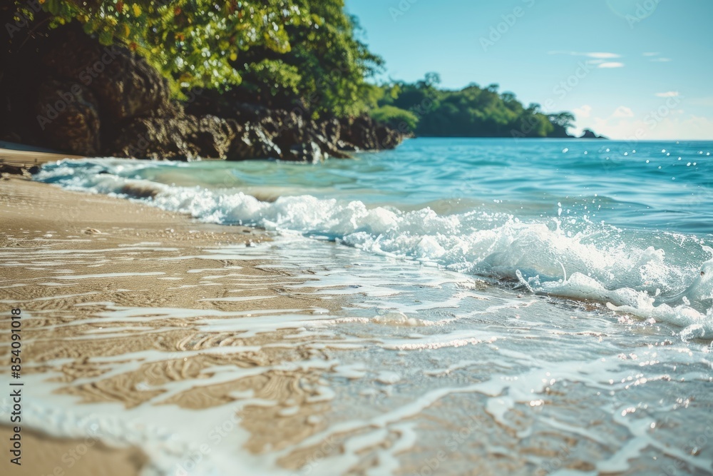 Poster Secluded beach cove with gentle waves, crystal clear water, white sandy shore, and lush green trees