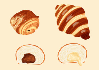 Illustration of croissants and chocolate bread isolated on white background. Vector illustration. Bakery shop. 