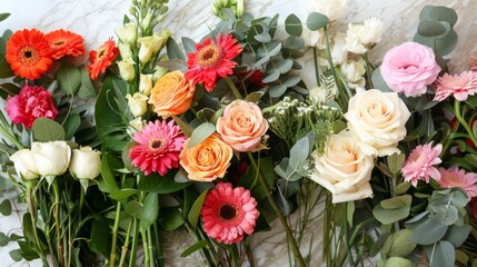 Obraz premium A close-up shot of a vibrant flower bouquet arranged on a white marble surface. The bouquet features various types of flowers, including roses, gerberas, carnations, and eucalyptus.