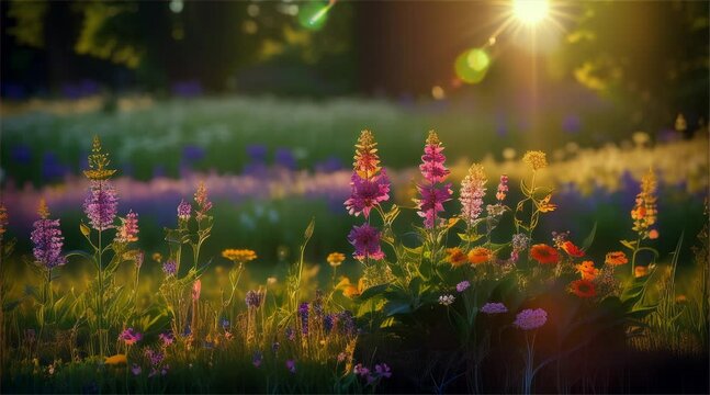 a field full of flowers with the sun in the background
