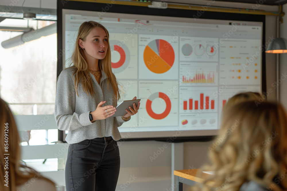 Poster a businesswoman is presenting data charts to her colleagues during a meeting. she is holding a table