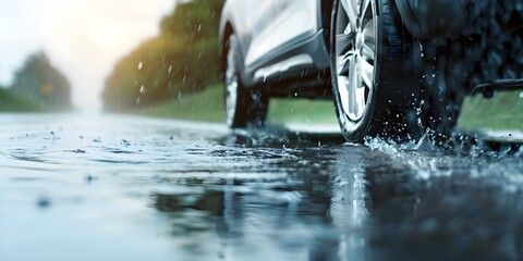 Driving carefully on a wet road in slippery conditions. Concept Wet Road Safety, Driving Precautions, Slippery Conditions, Caution Behind The Wheel
