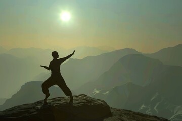 A person standing at the summit, hands raised in triumph