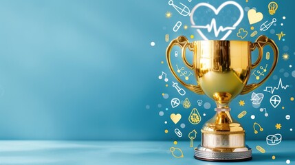 a golden trophy adorned with medical icons against a blue background, symbolizing success in medicine or scientific research, and a winner in business competition.