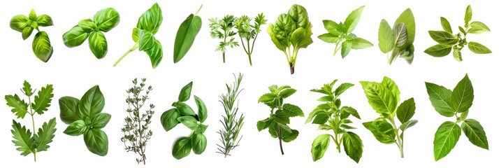 Fresh herbs set isolated, parsley, basil leaves, thyme, mint seasoning, raw green condiment sprig collection