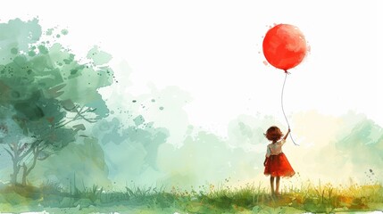 Watercolor painting of a child holding a red balloon in a green, nature-filled environment, illustrating innocence and freedom.