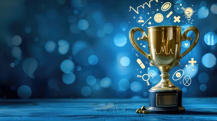 a golden trophy adorned with medical icons against a blue background, symbolizing success in medicine or scientific research, and a winner in business competition.