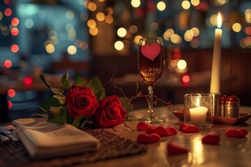 A beautifully set table for two with red roses, a lit candle, and wine glasses, all set against a romantic backdrop of twinkling lights