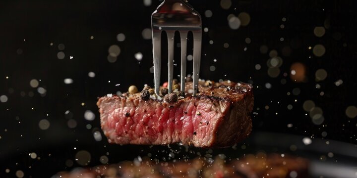 A juicy piece of steak being served on a plate with a fork, perfect for a restaurant or home dinner