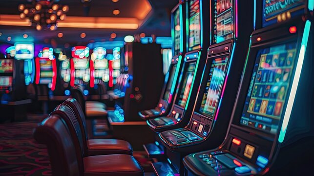 Casino hall for gambling with slot machines. Illustration for banner, background 