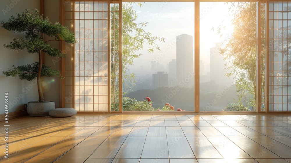Poster A room with a wooden floor and large windows overlooking a cityscape. Sunlight streams in through the windows, casting a warm glow on the floor.
