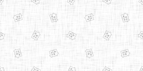 White neutral minimal house motif with Linen effect texture for baby nursery seamless background. Modern muted simple soft motif pattern for wallpaper , home decor white gray design. 