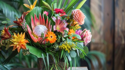 A vibrant bouquet of tropical flowers, including a protea, gerbera daisies, and lilies, arranged in a glass vase with greenery.