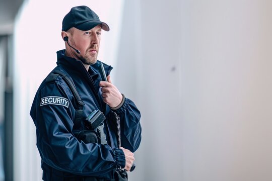 A security guard in a blue uniform uses a radio while standing in a building