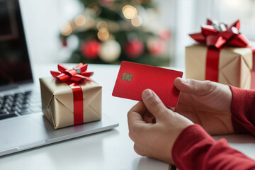 Close Up Photo of a Man's Hands Holding a Red Credit Card, Next to a Gift Box with a Bow on the Table in Front of a Laptop Screen. Perfect for holiday