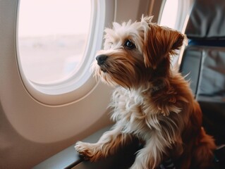 Cute Yorkshire terrier dog looks out the window while sitting on an airplane. 