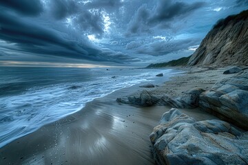 Obraz premium A picture of the ocean viewed from a rocky beach, with waves crashing against the shore