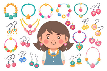 Kids jewelry set. Colorful handmade bracelets, earrings and necklaces with plastic beads, stars, hearts, flowers. Illustration in flat style. Vector