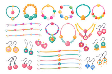 Kids jewelry set. Colorful handmade bracelets, earrings and necklaces with plastic beads, stars, hearts, flowers. Illustration. Vector