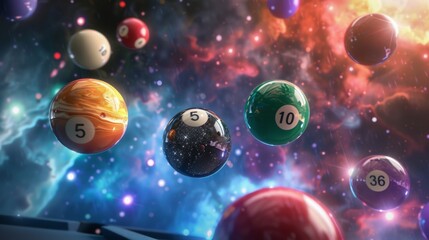 Billiard balls in triangle in space, fantastic futuristic concept