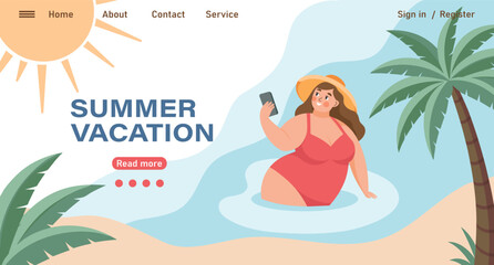 Summer travel destinations landing page. Happy woman in a swimsuit swims in the sea and takes a selfie. Beach holiday concept illustration. Vector