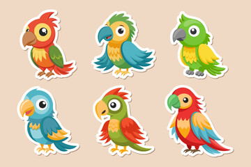 Naklejka premium Set of cute parrots, children's stickers collection. Cute cartoon macaw birds. Illustration, print for children