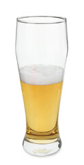 Half full glass of beer isolated on white