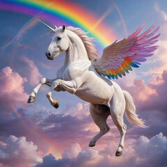 Unicorn flying on a background of sky and rainbow.