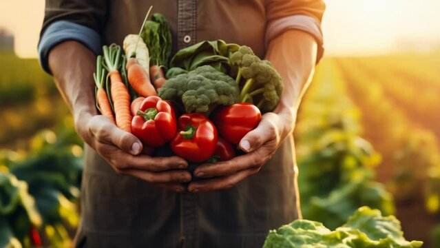 farmer holding fresh vegetables in hands and walk on harvest field at sunset. organic farming