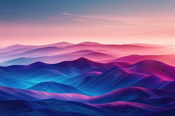 Vibrant abstract landscape with colorful gradients of blue, purple, and pink, depicting rolling hills at dawn. Perfect for backgrounds or digital art.