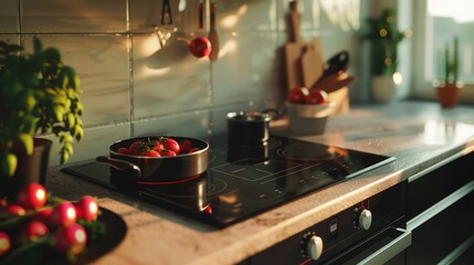 A kitchen scene with a stove top featuring a pot of fresh strawberries, ideal for use in food or cooking related content