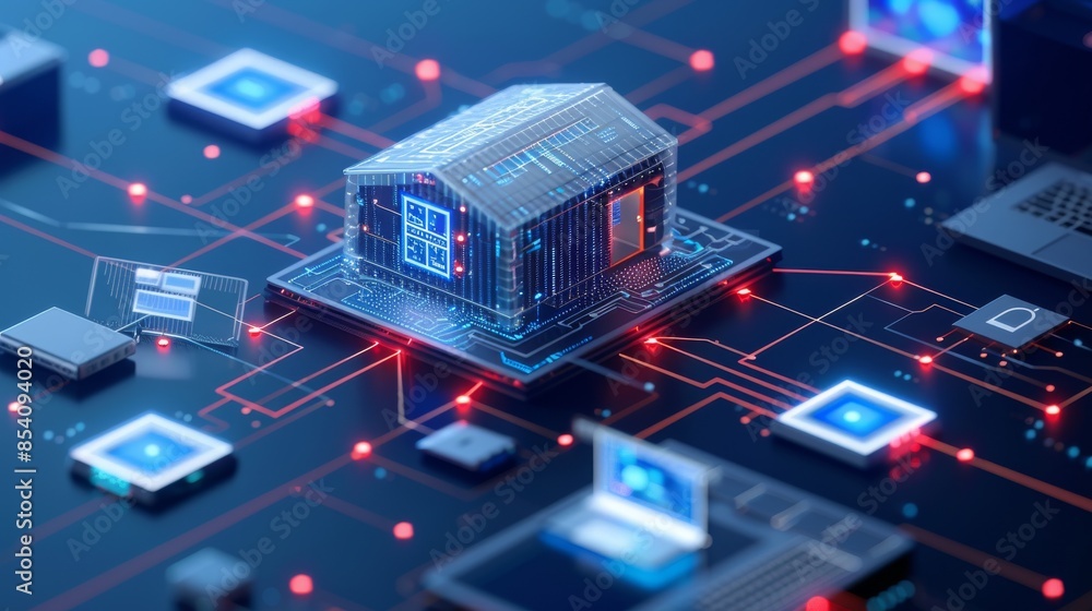 Poster visual representation of interconnected devices in a smart home or industrial setting