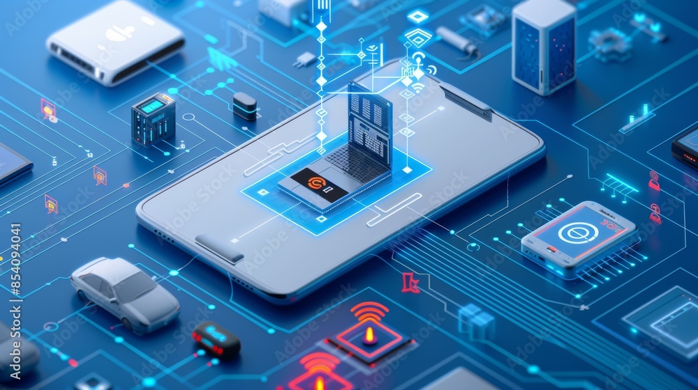 Poster visual representation of interconnected devices in a smart home or industrial setting