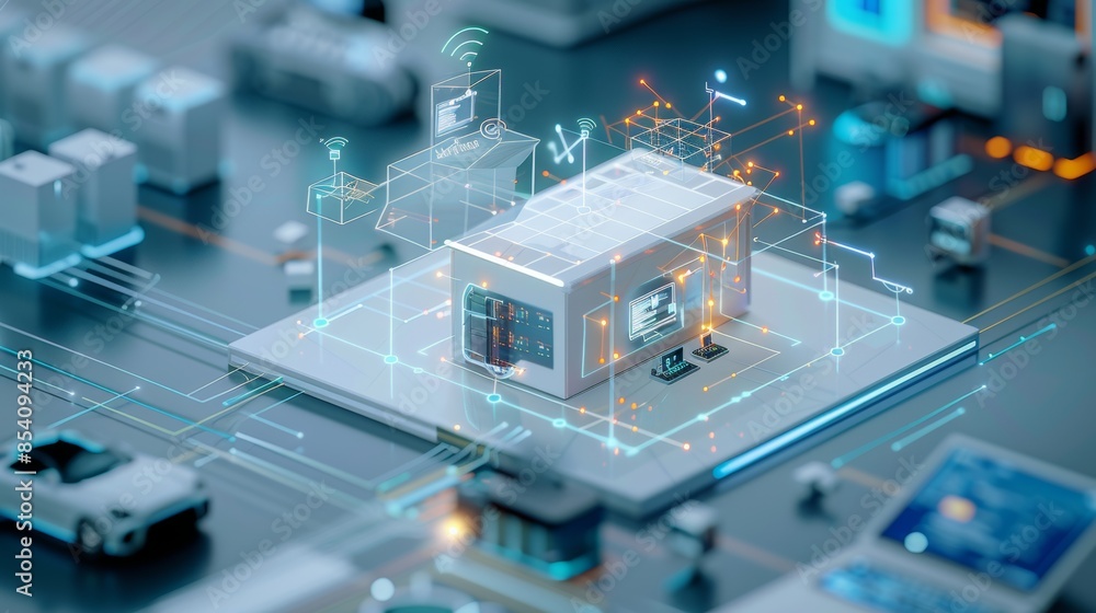 Poster visual representation of interconnected devices in a smart home or industrial setting