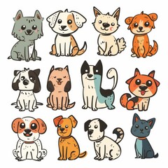 Obraz premium Cute dogs set, pet animal symbols, hand drawn puppy icons silhouettes, funny dog character drawings