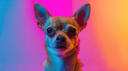 Chihuahua dog portrait in neon lit studio with space for branding