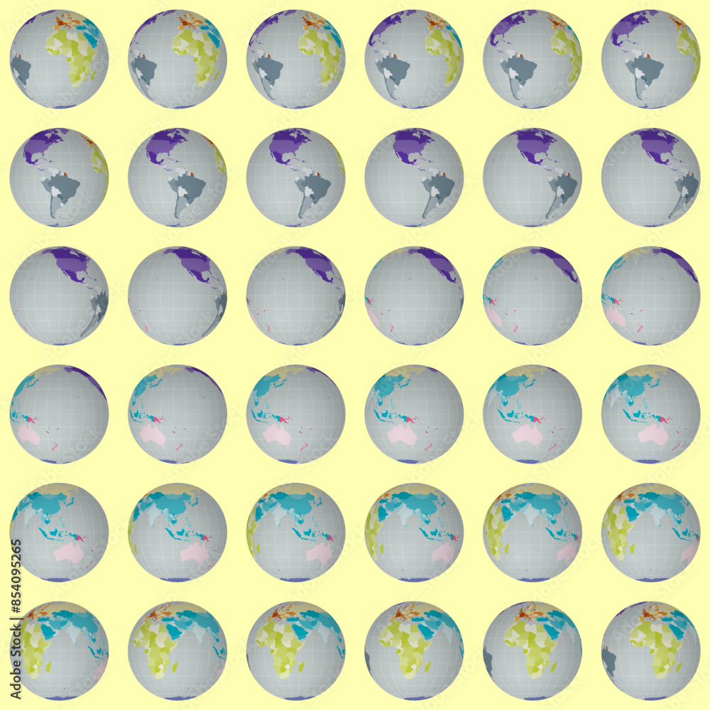 Poster collection of globes. normal sphere view. rotation step 10 degrees. colored countries style. world m