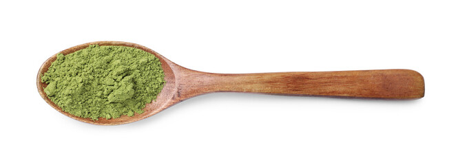 Spoon of green matcha powder isolated on white, top view