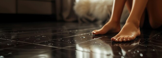 Bare feet on wet floor with water drops. Relaxation and wellness concept. Banner with copy space