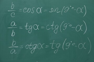 Many different math formulas written on chalkboard