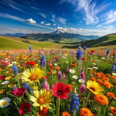 Obraz premium A close-up of vibrant wildflowers in full bloom in a meadow, with a backdrop of rolling hills and a clear blue sky.