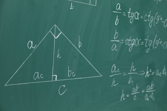 Many different math formulas written on chalkboard