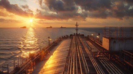 A ship sailing on the ocean at sunset, with a beautiful orange glow