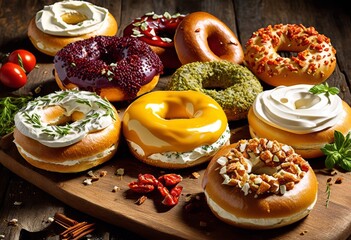 assorted bagels cream cheese spreads display, food, bakery, breakfast, brunch, delicious, tasty, fresh, selection, variety, assortment, toppings, flavors