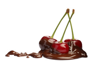 Fresh cherries with melted chocolate isolated on white