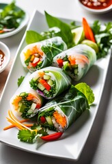 colorful fresh spring rolls dipping sauce white plate, appetizer, art, artistic, arrangement, aroma, asian, balance, basil, carrot, clean, composition