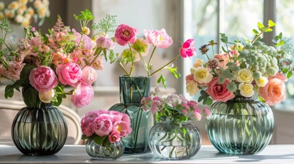 Obraz premium Four glass vases with colorful flowers sit on a white table, containing roses, ranunculus, and more spring blooms, each with a green tint.
