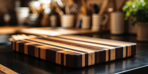 Handcrafted Cutting Board in striped Noble Wood on black Granite Countertop. Elegance and Practicality in the Modern Kitchen. Blurred background.