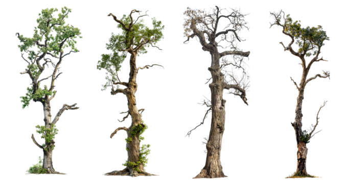 tall oak trees with broken trunk isolated on transparent or white background