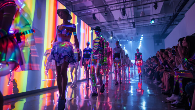 Spectacular fashion event featuring futuristic styles and colorful lights ​​





